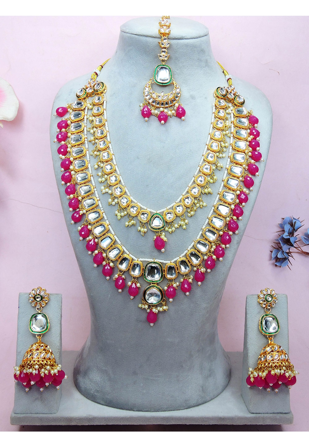Magenta Alloy Necklace Set With Earrings and Maang Tikka 312779