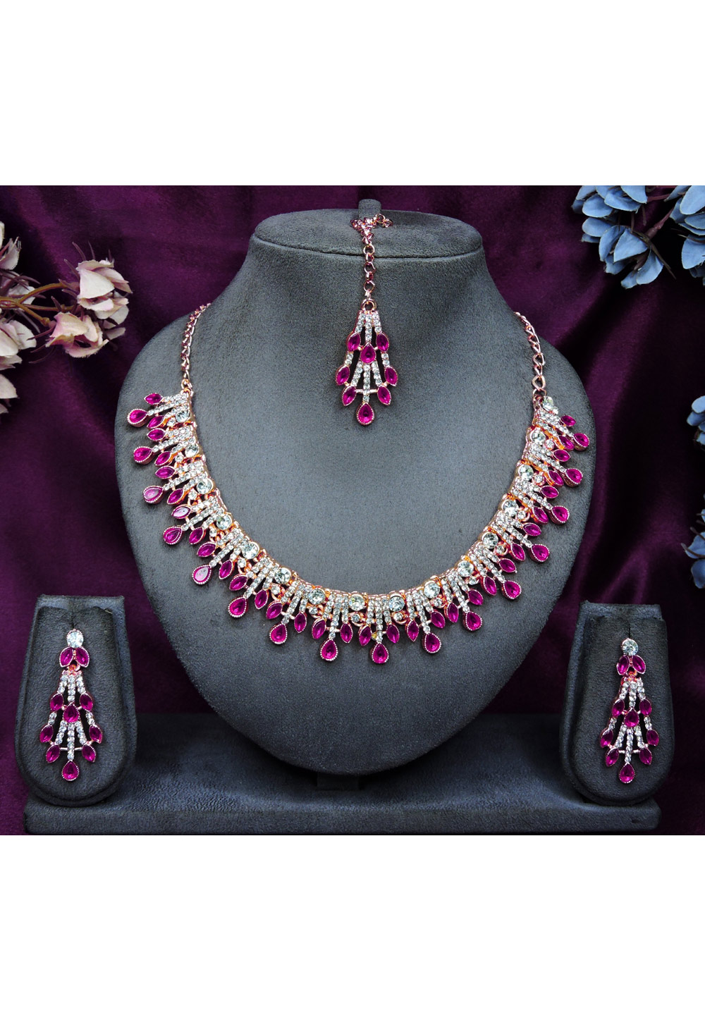 Magenta Alloy Necklace Set With Earrings and Maang Tikka 328439