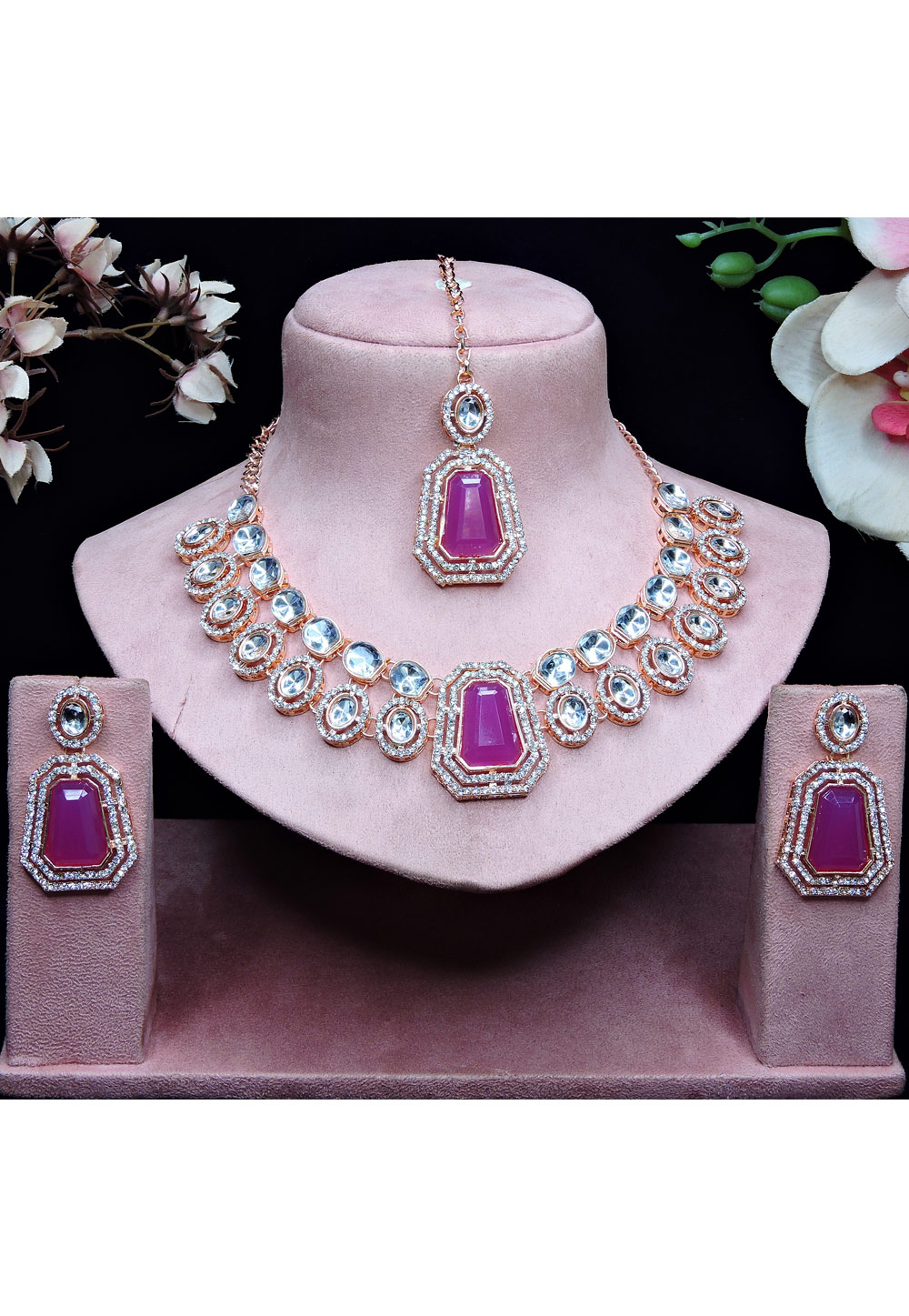 Magenta Alloy Necklace Set With Earrings and Maang Tikka 329846