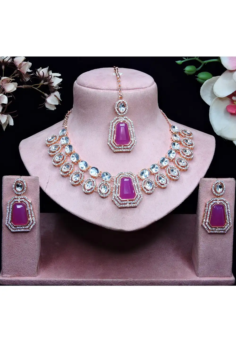 Magenta Alloy Necklace Set With Earrings and Maang Tikka 329846