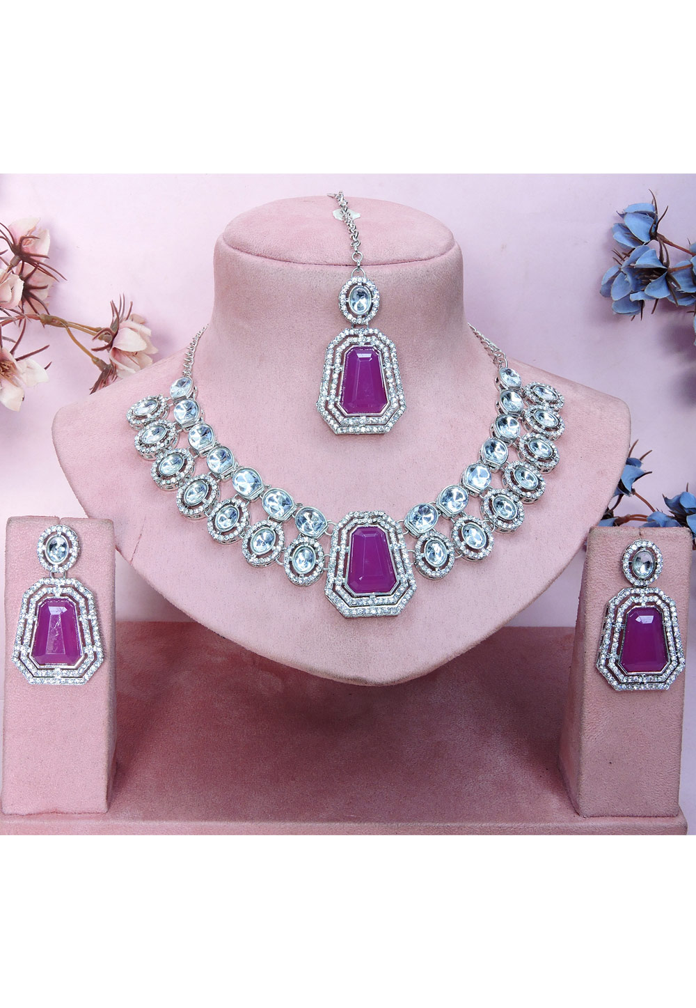 Magenta Alloy Necklace Set With Earrings and Maang Tikka 329854
