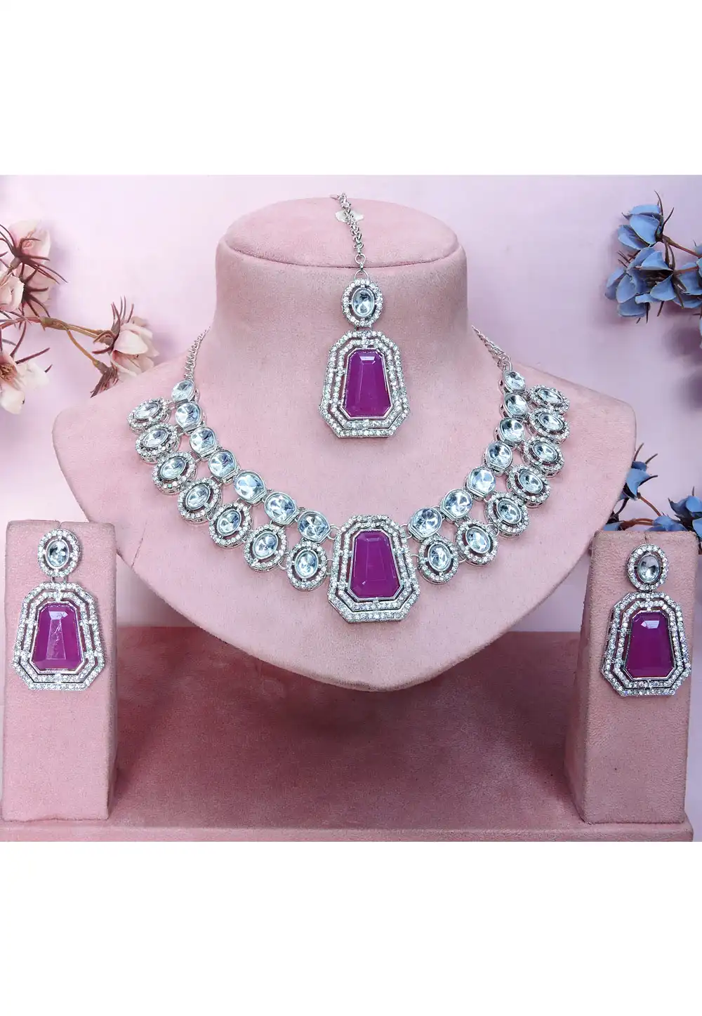 Magenta Alloy Necklace Set With Earrings and Maang Tikka 329854