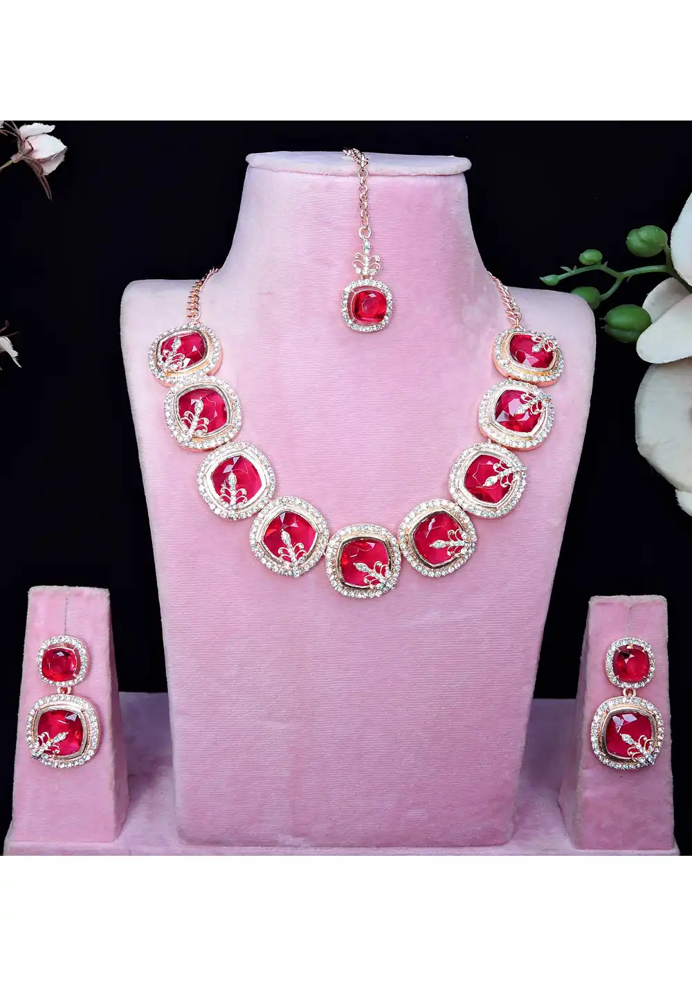 Magenta Alloy Necklace Set With Earrings and Maang Tikka 329870