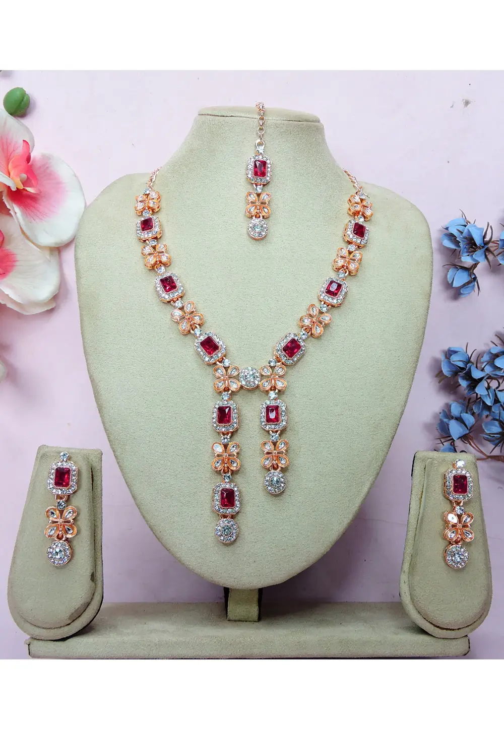 Magenta Alloy Necklace Set With Earrings and Maang Tikka 336156