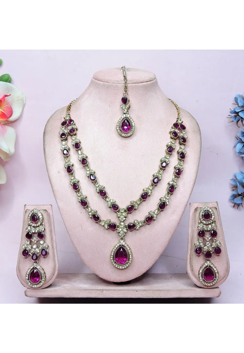 Magenta Alloy Necklace Set With Earrings and Maang Tikka 336725