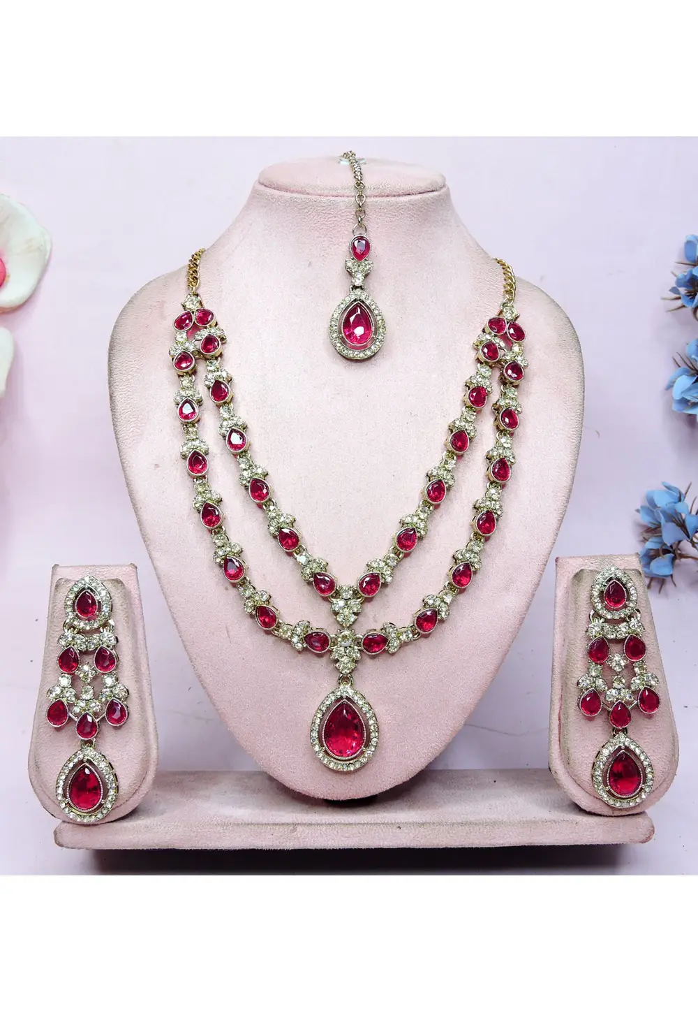 Magenta Alloy Necklace Set With Earrings and Maang Tikka 336727