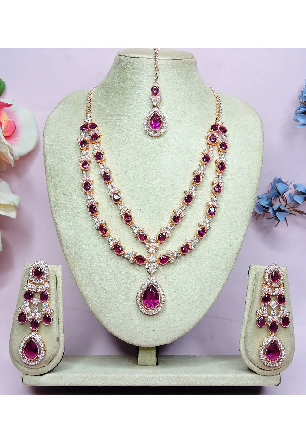 Magenta Alloy Necklace Set With Earrings and Maang Tikka 336737