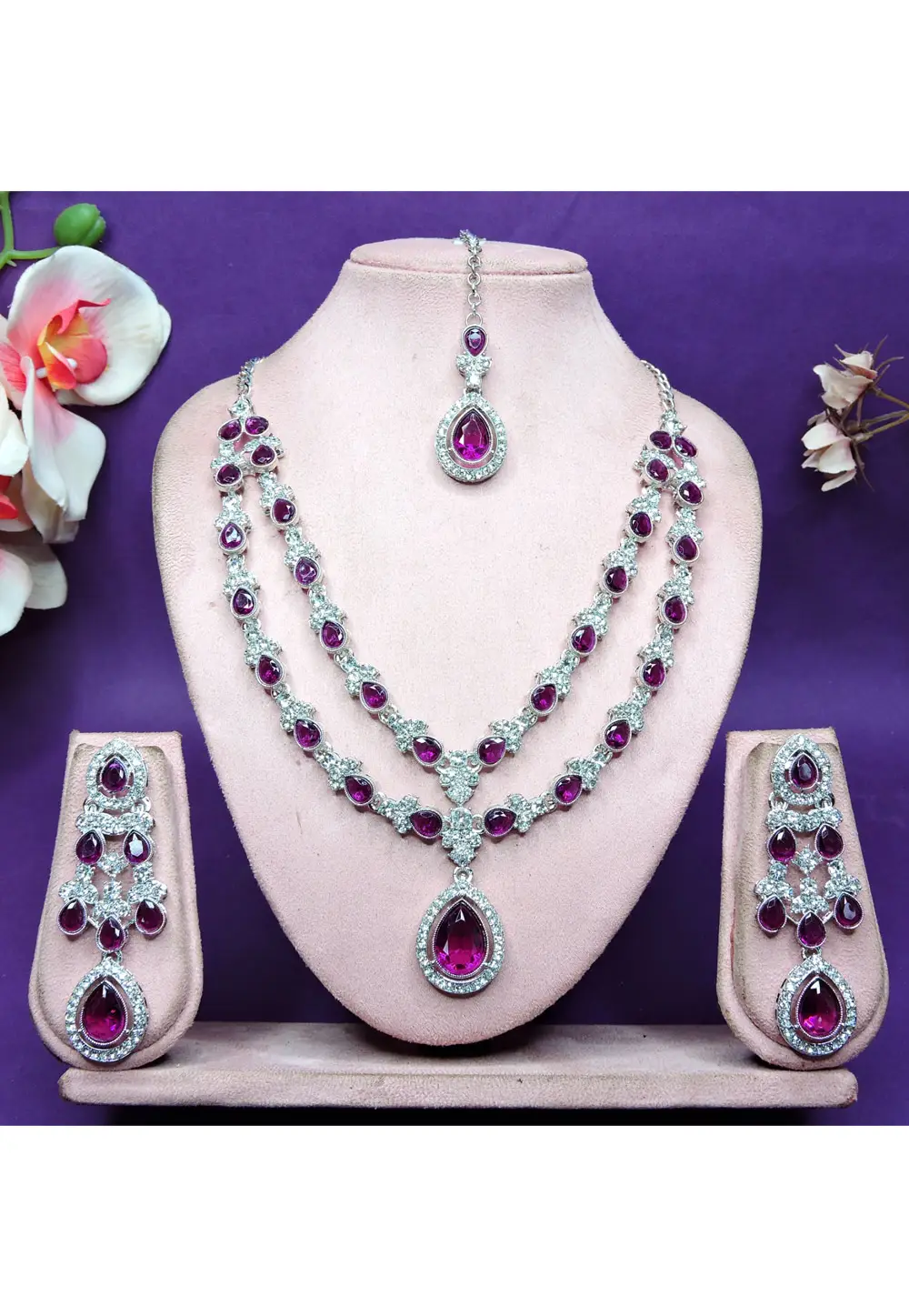 Magenta Alloy Necklace Set With Earrings and Maang Tikka 336749