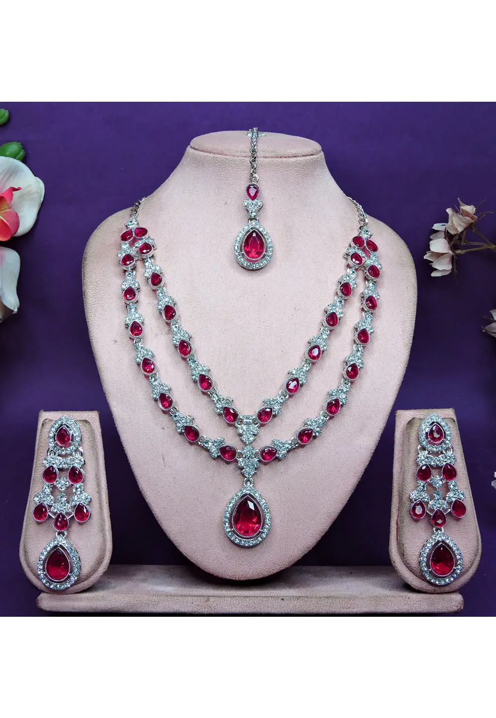 Magenta Alloy Necklace Set With Earrings and Maang Tikka 336751