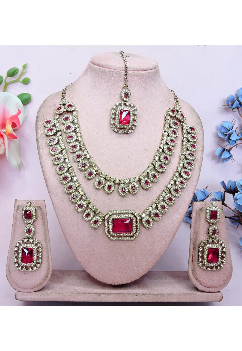 Magenta Alloy Necklace Set With Earrings and Maang Tikka 336849