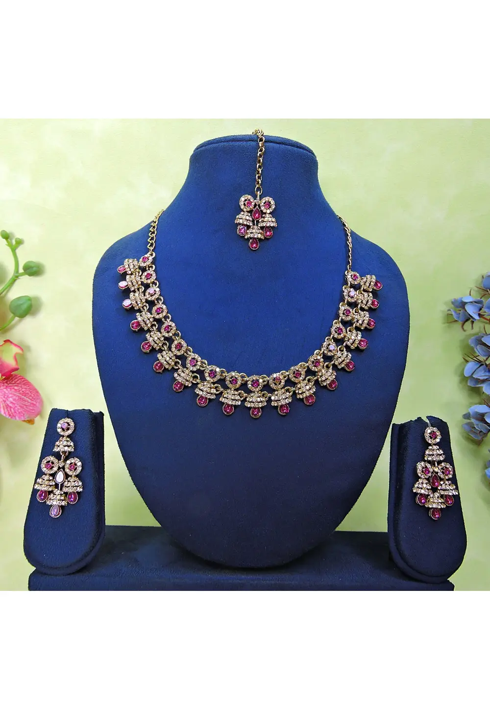 Magenta Alloy Necklace Set With Earrings and Maang Tikka 337101