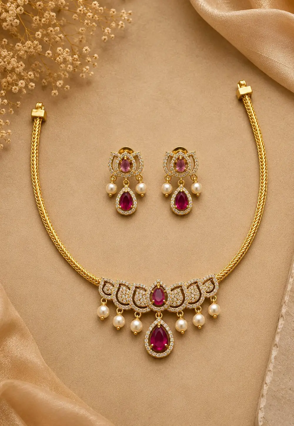 Magenta Alloy Necklace With Earrings 332535