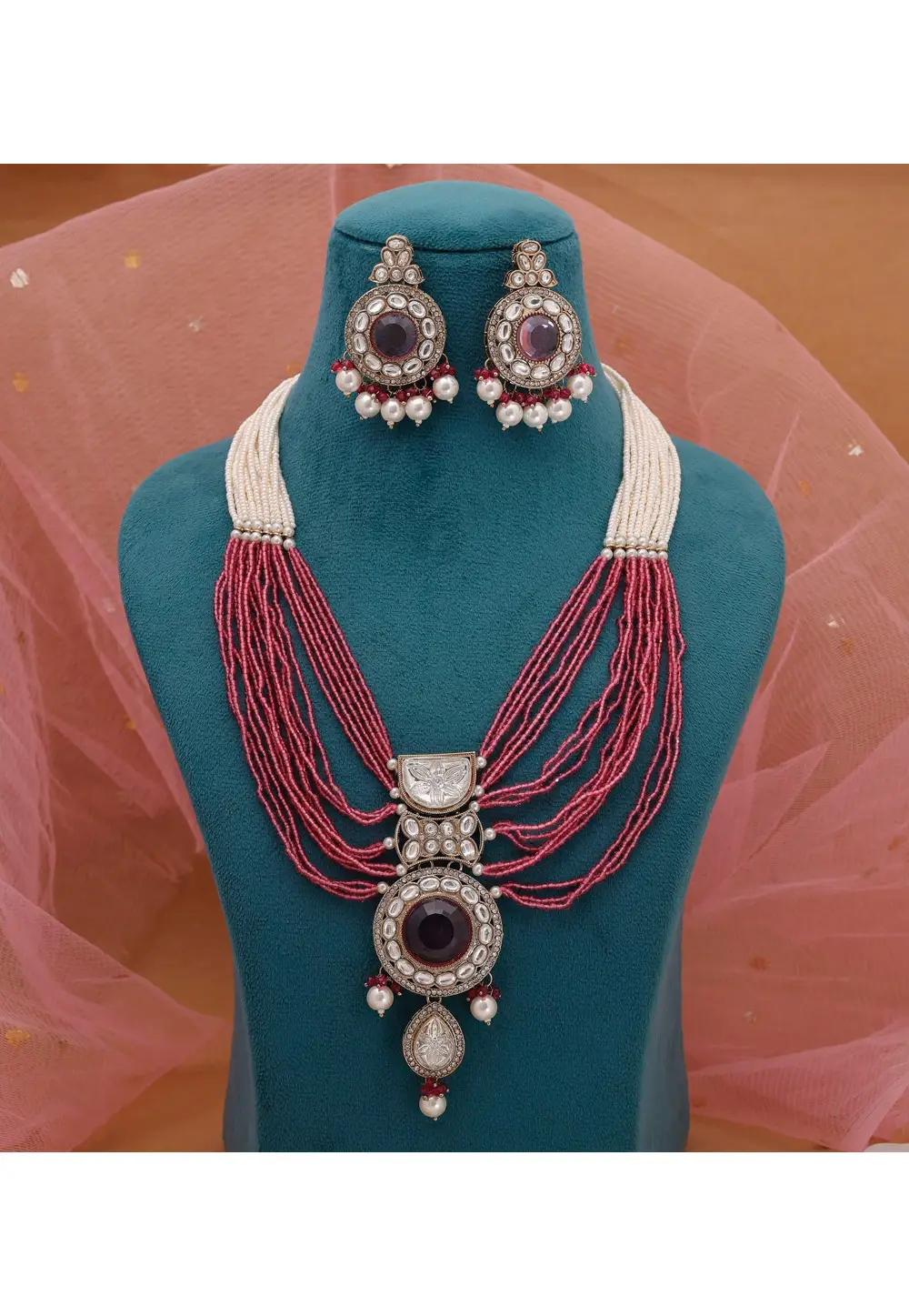 Magenta Alloy Necklace With Earrings 333749