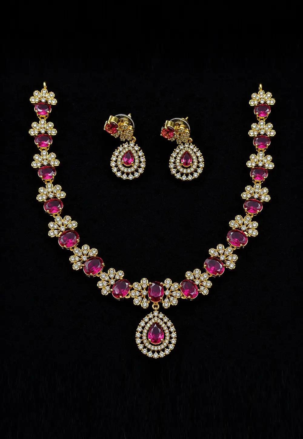 Magenta Alloy Necklace With Earrings 333997