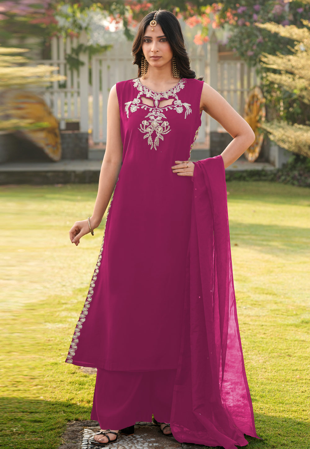 Magenta Art Silk Readymade Pakistani Suit 325073