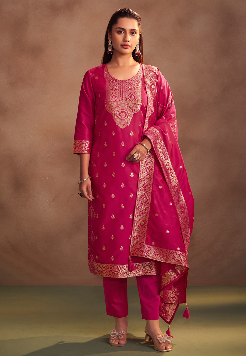 Magenta Art Silk Readymade Pant Style Suit 321837