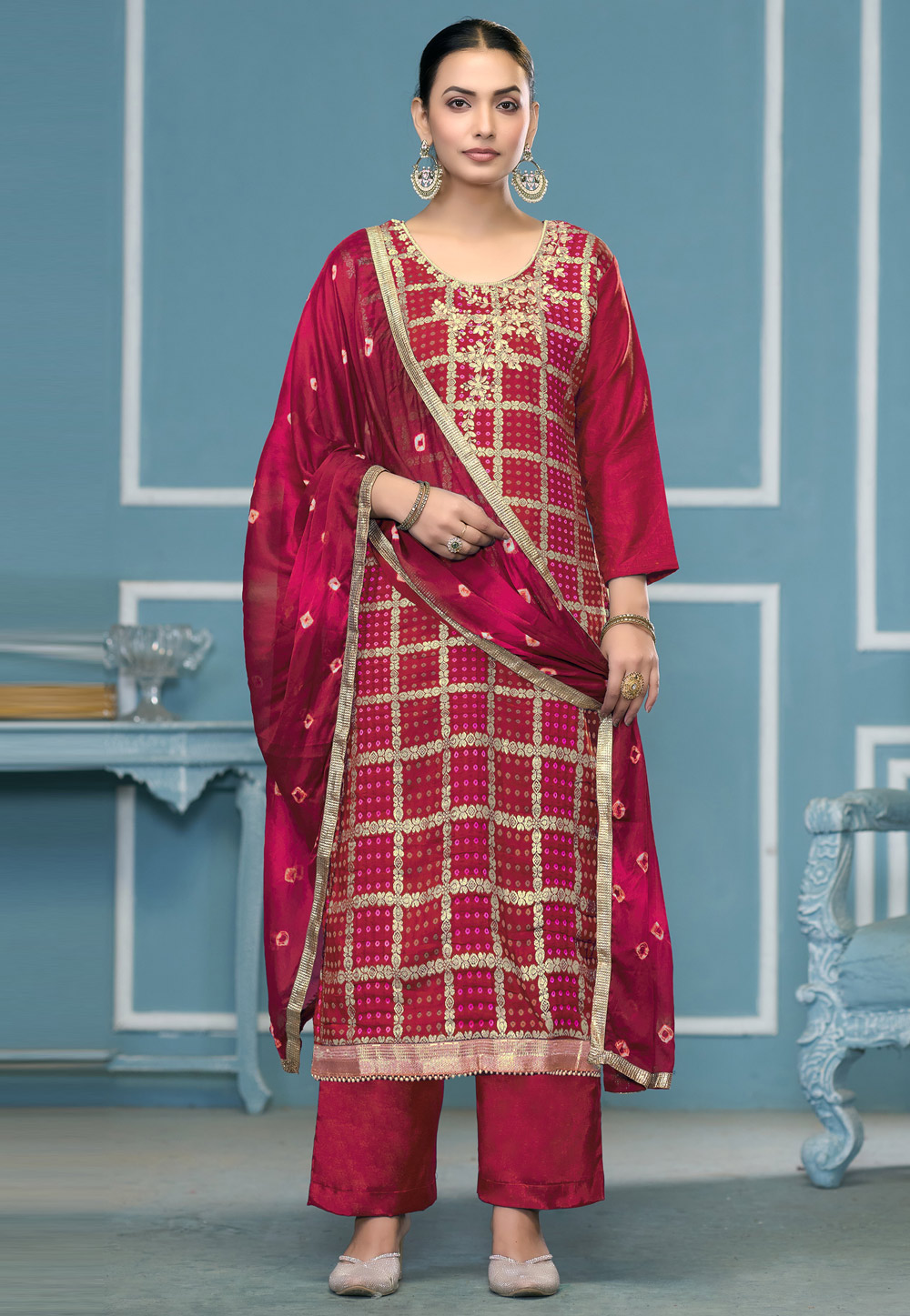 Magenta Banarasi Cotton Palazzo Suit 307427
