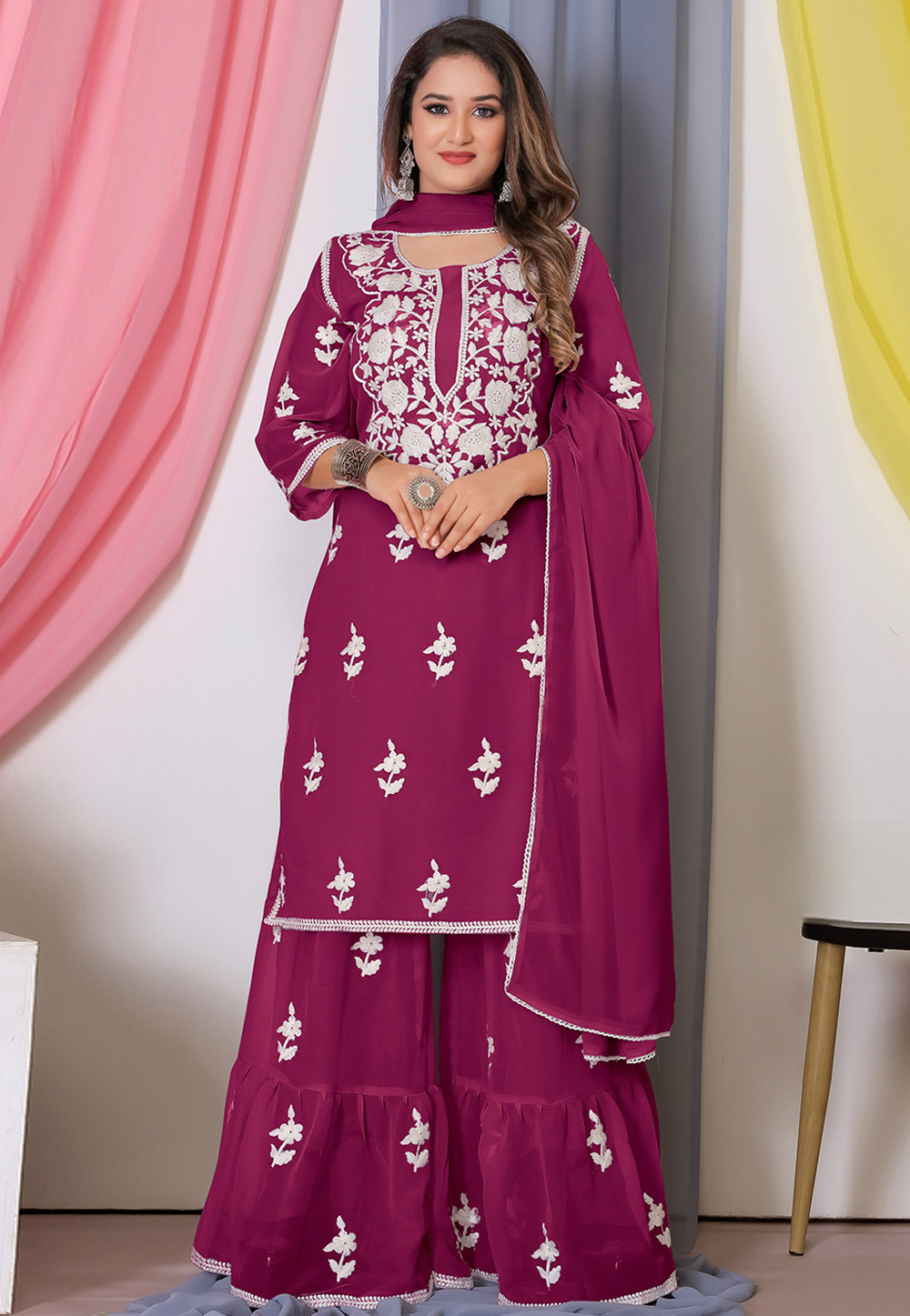 Magenta Bemberg Georgette Gharara Suit 283070