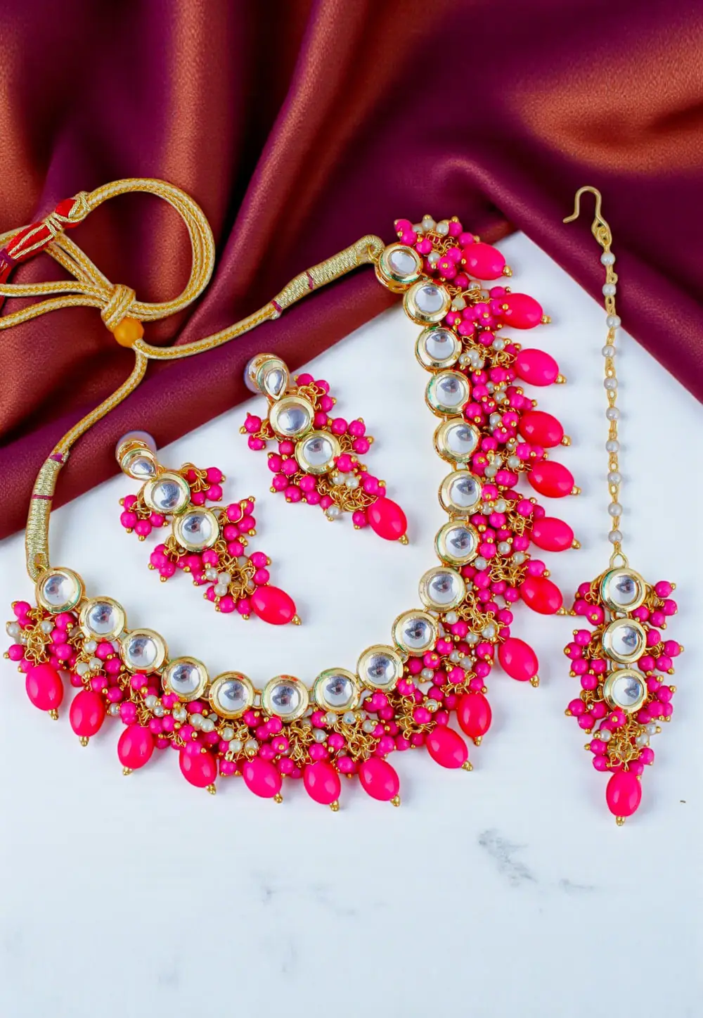 Magenta Brasso Necklace Set With Earrings and Maang Tikka 330964