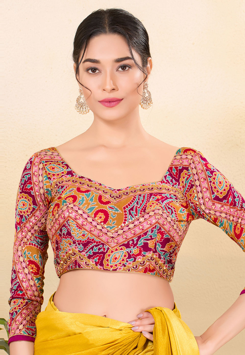 Magenta Brocade Readymade Blouse 325785