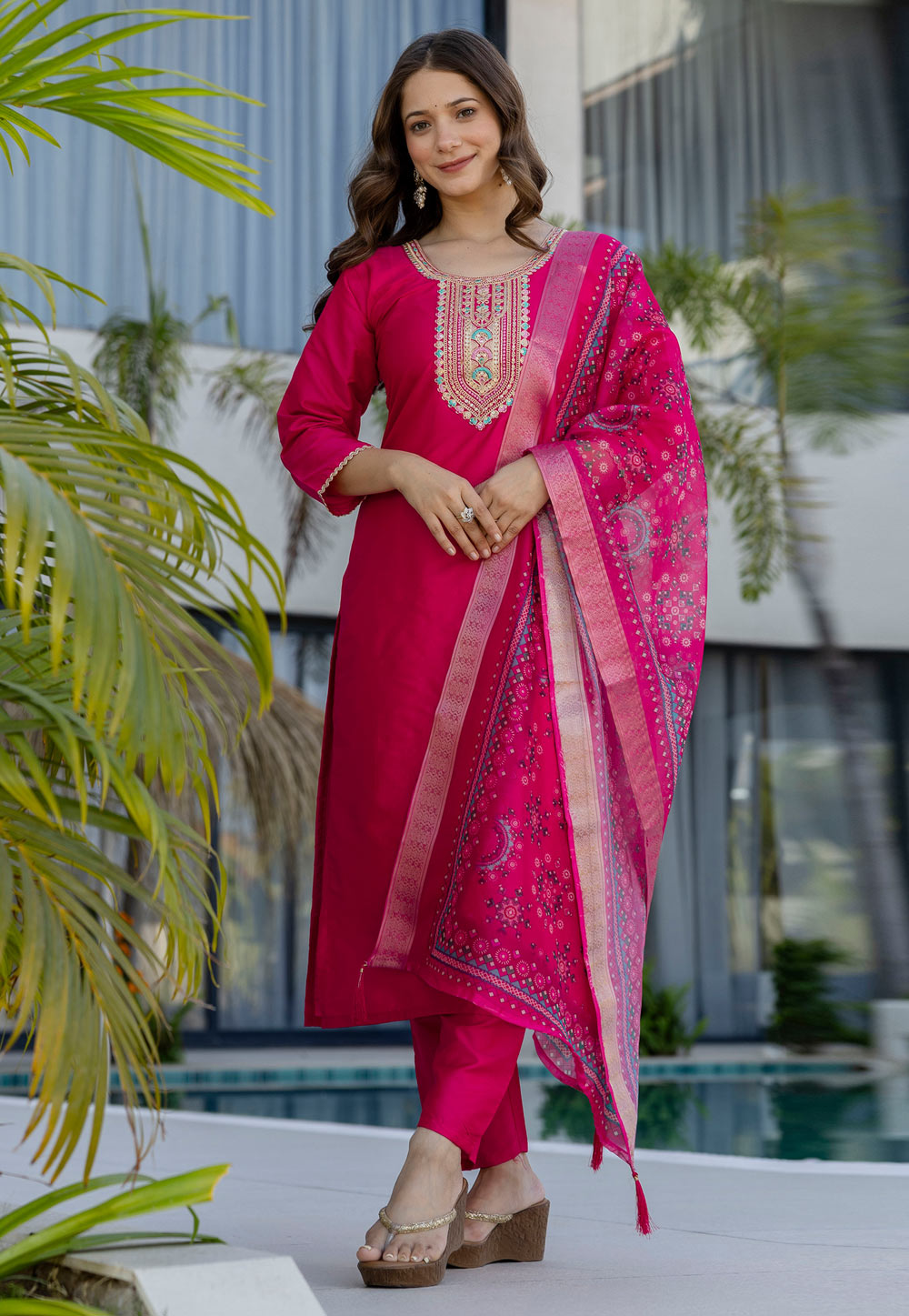 Magenta Chanderi Cotton Readymade Pant Style Suit 324946