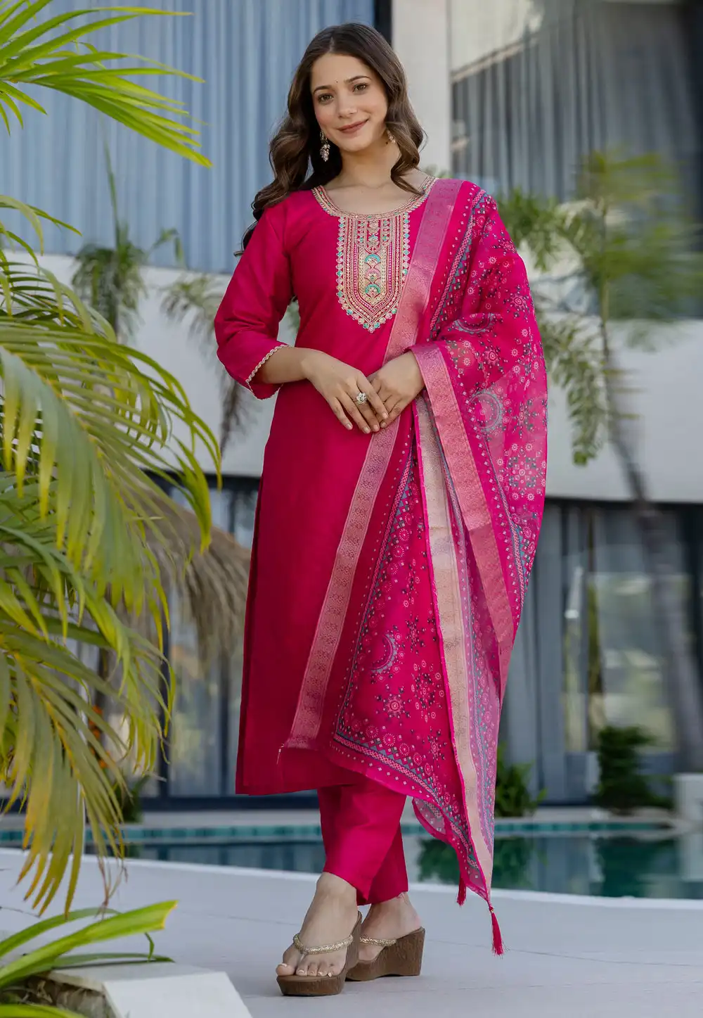 Magenta Chanderi Cotton Readymade Pant Style Suit 324946