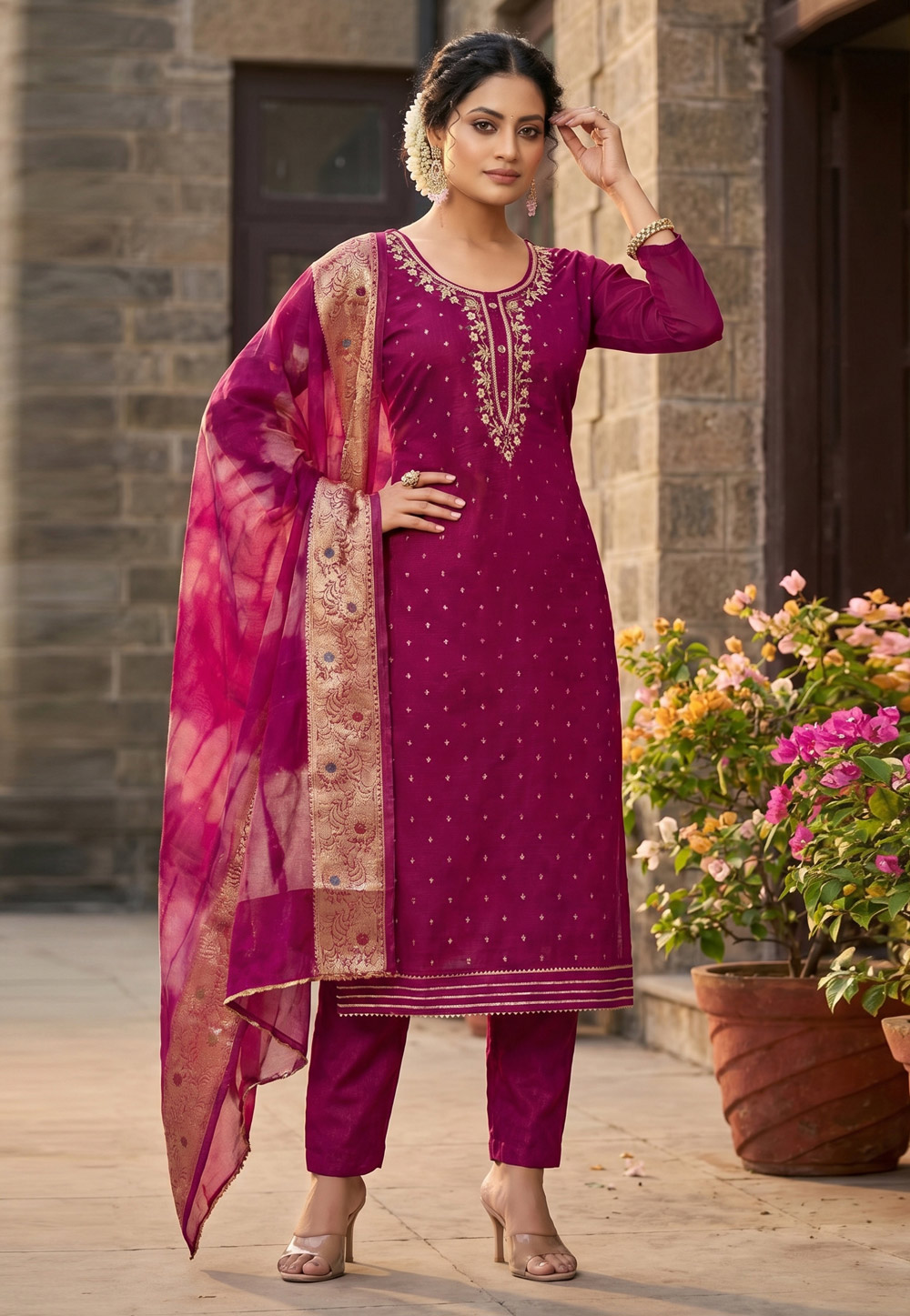 Magenta Chanderi Cotton Straight Suit 327447