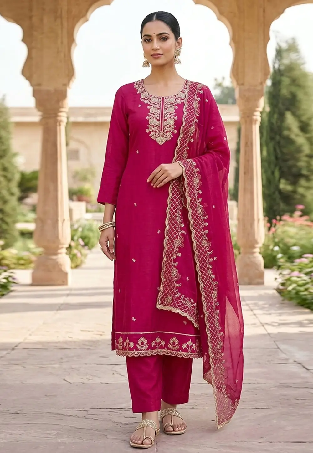 Magenta Chanderi Pant Style Suit 335357
