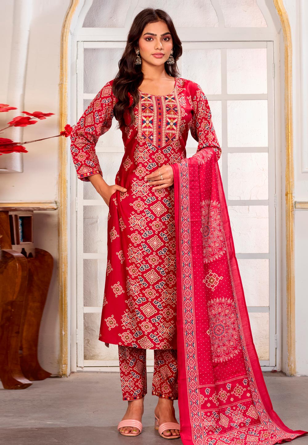 Magenta Chanderi Readymade Pant Style Suit 318540