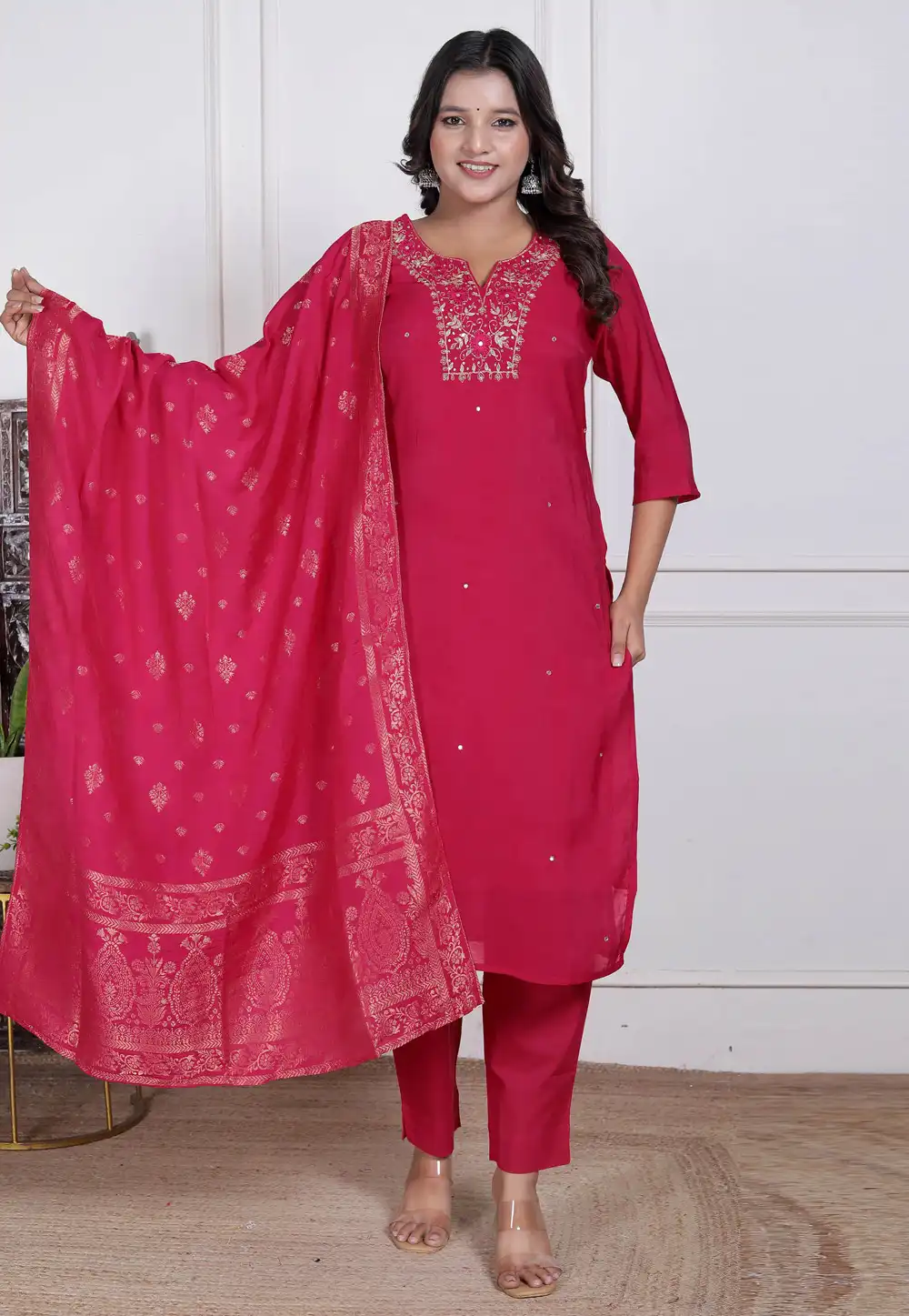 Magenta Chanderi Readymade Pant Style Suit 321430