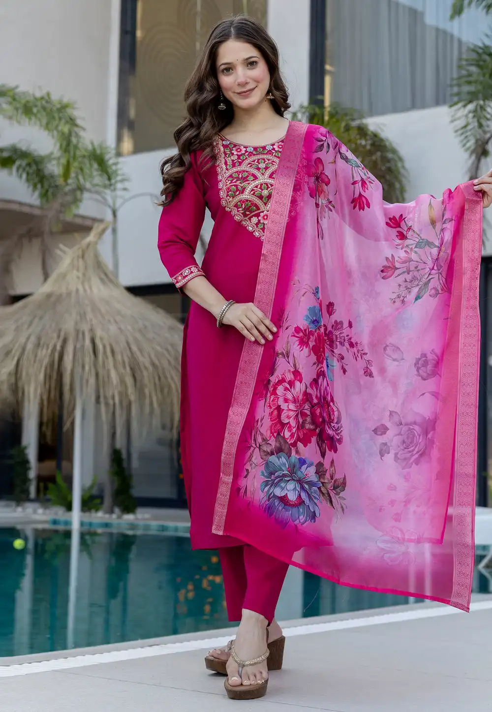 Magenta Chanderi Readymade Pant Style Suit 324936