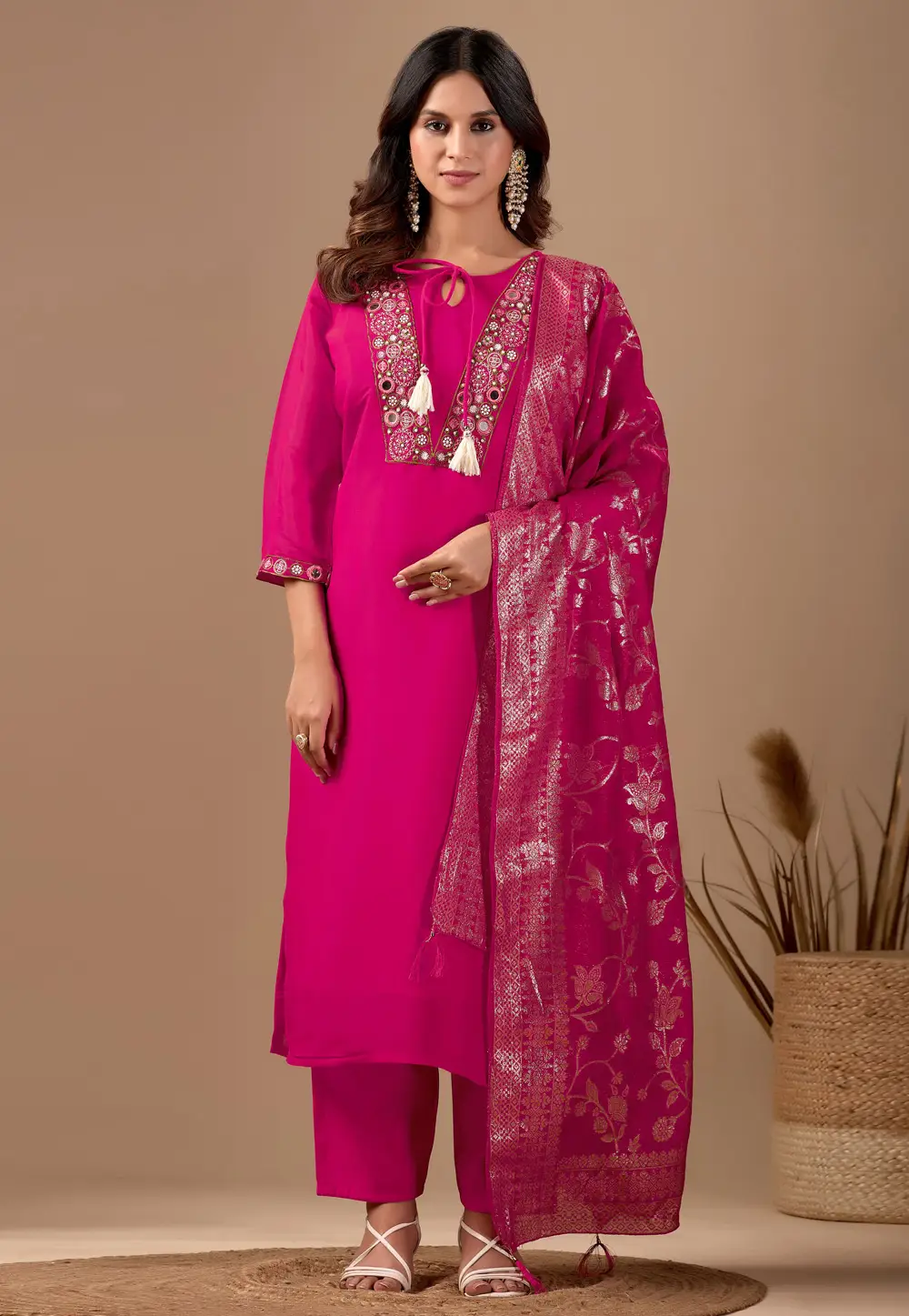 Magenta Chanderi Readymade Pant Style Suit 331307