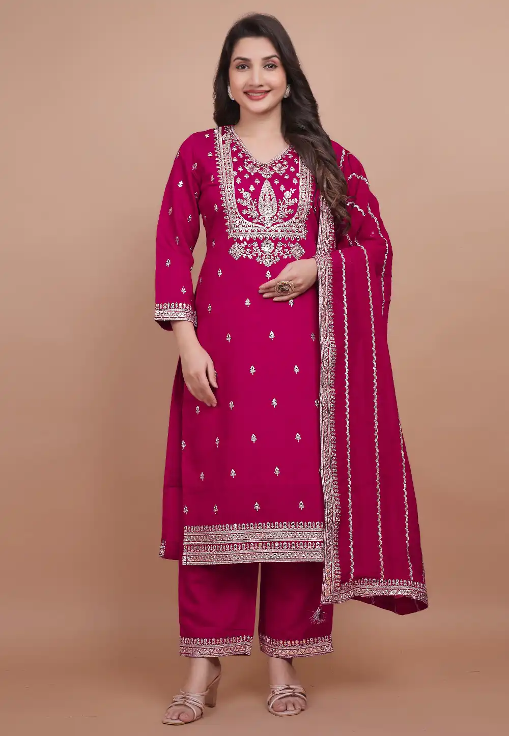 Magenta Chanderi Silk Readymade Palazzo Suit 313619