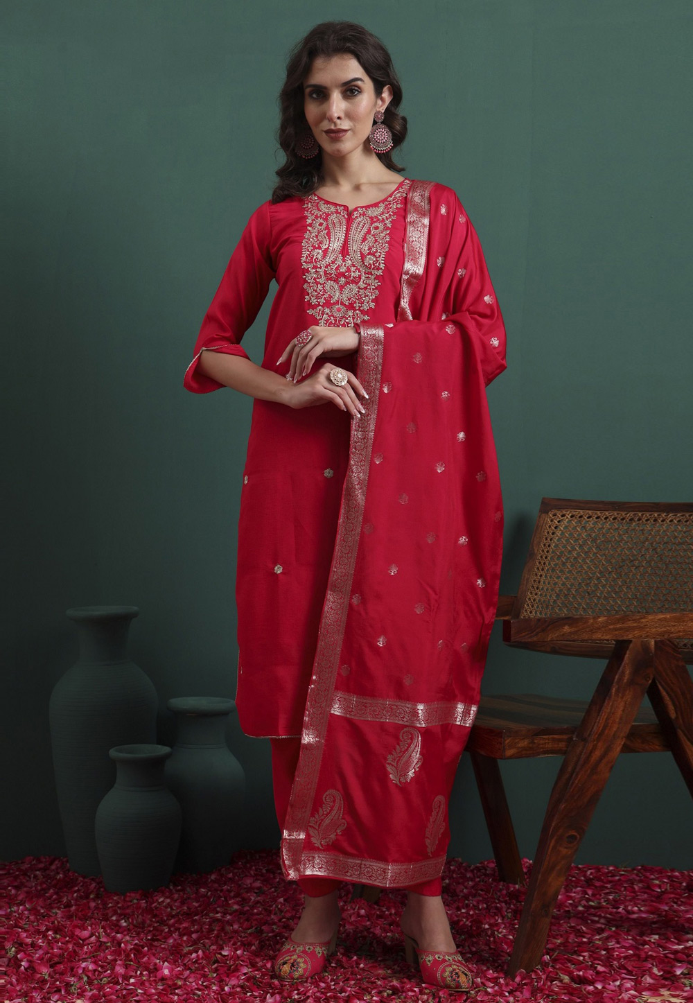 Magenta Chanderi Silk Readymade Pant Style Suit 324503