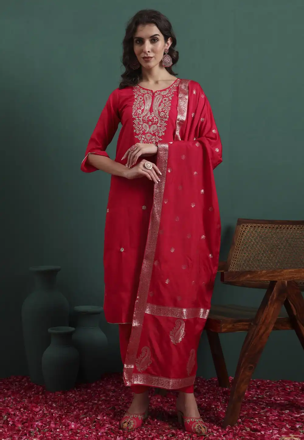 Magenta Chanderi Silk Readymade Pant Style Suit 324503