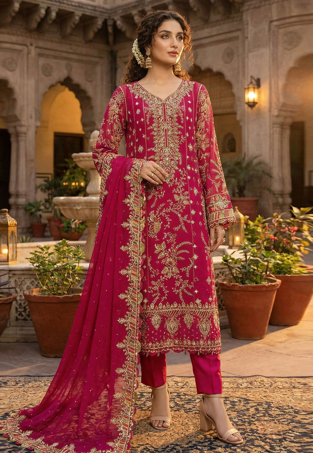 Magenta Chiffon Embroidered Straight Suit 326819