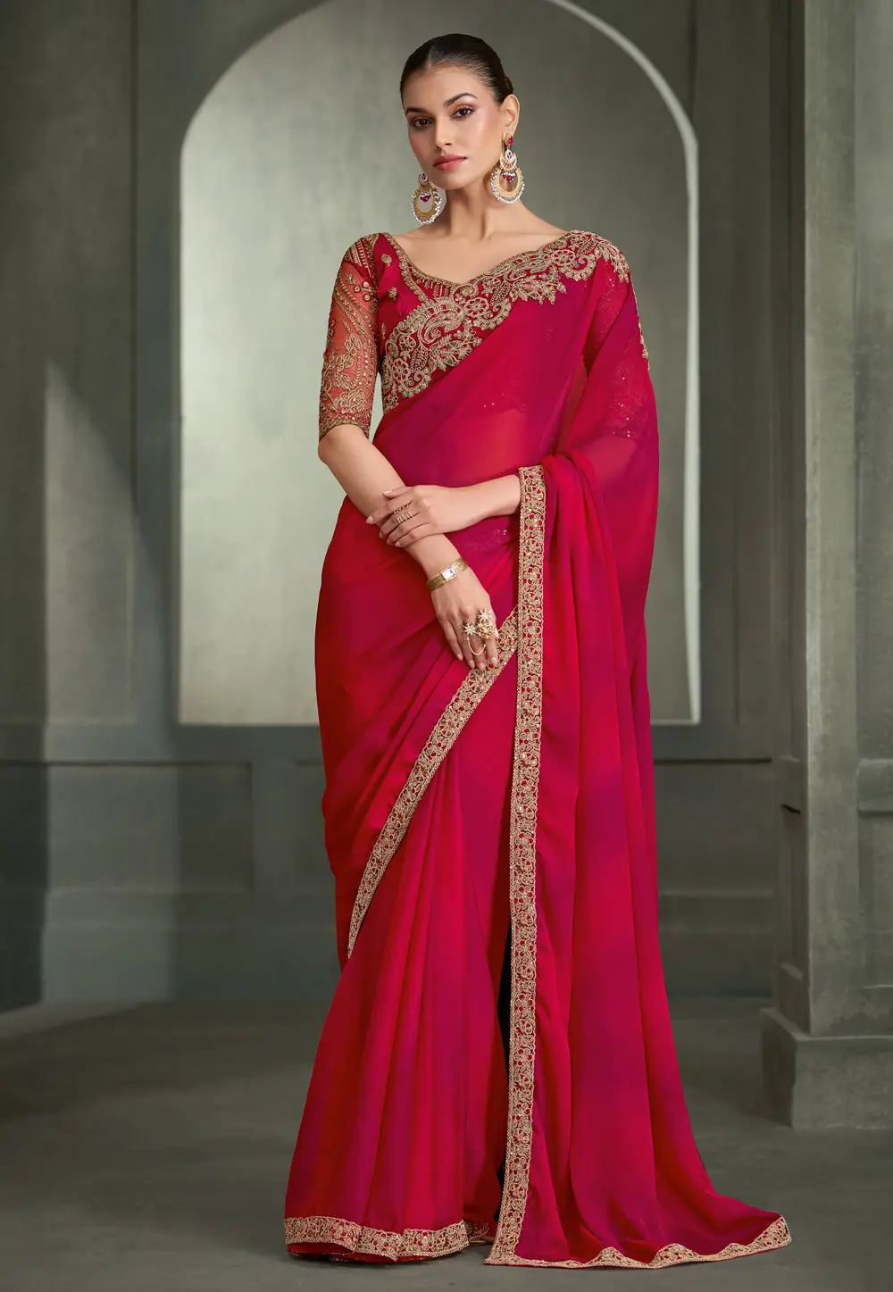Magenta Chiffon Saree With Blouse 335325