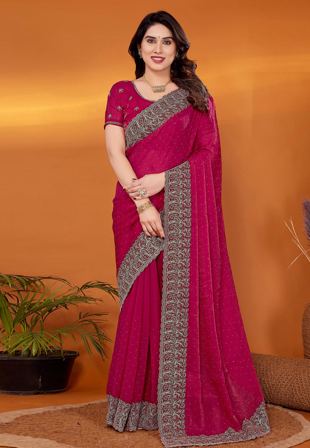 Magenta Chiffon Saree With Blouse 308222