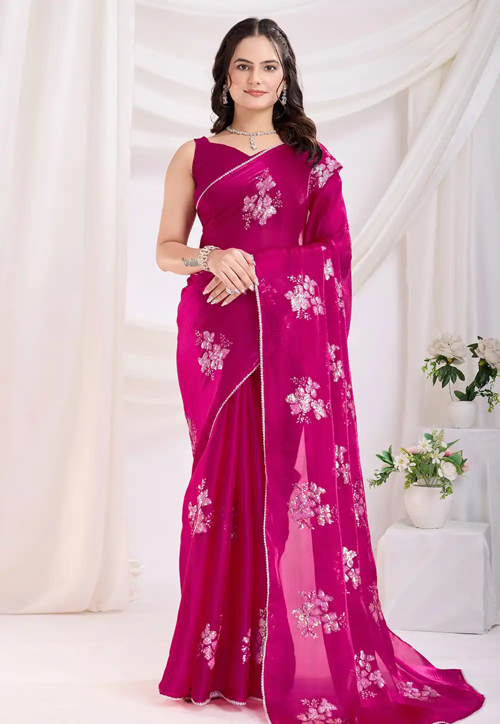 Magenta Chiffon Saree With Blouse 305610