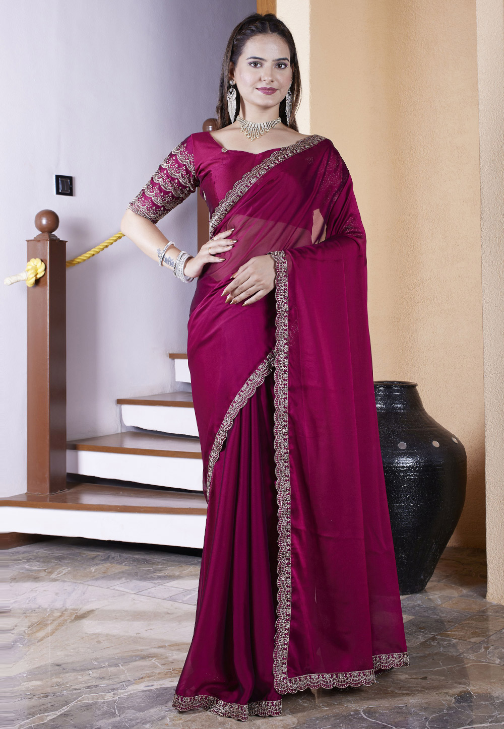 Magenta Chiffon Saree With Blouse 311487
