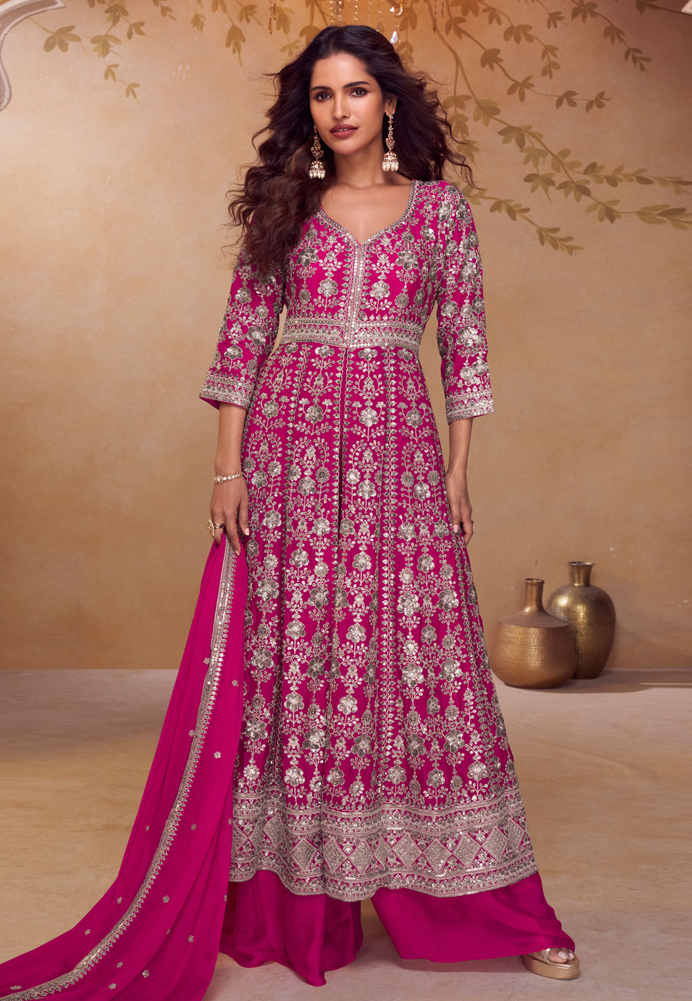 Magenta Chinon Embroidered Palazzo Suit 325562