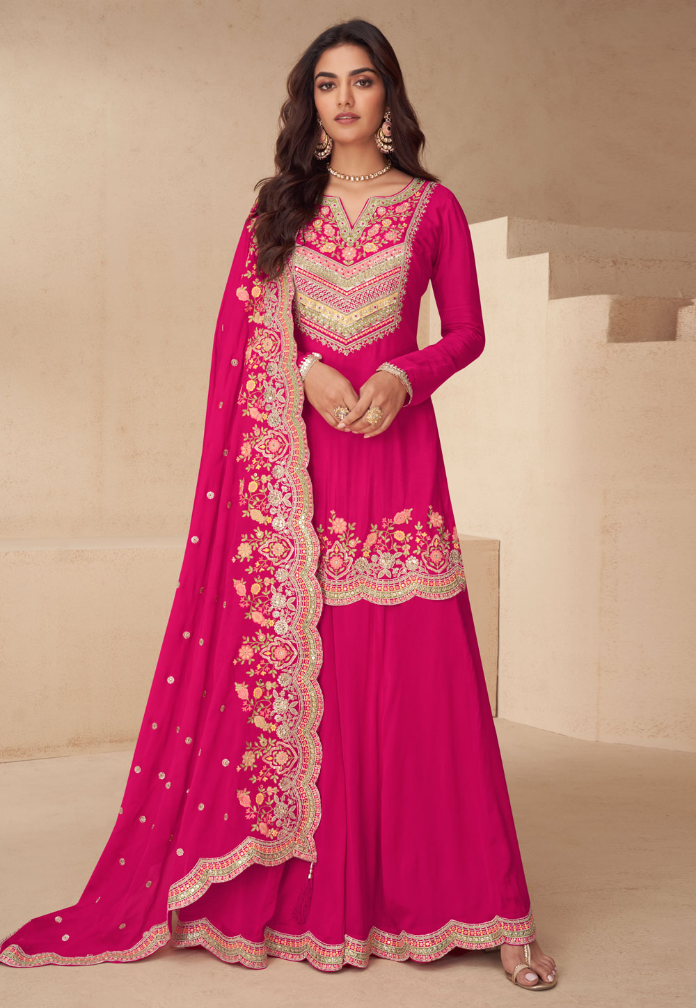 Magenta Chinon Long Choli Lehenga 324551