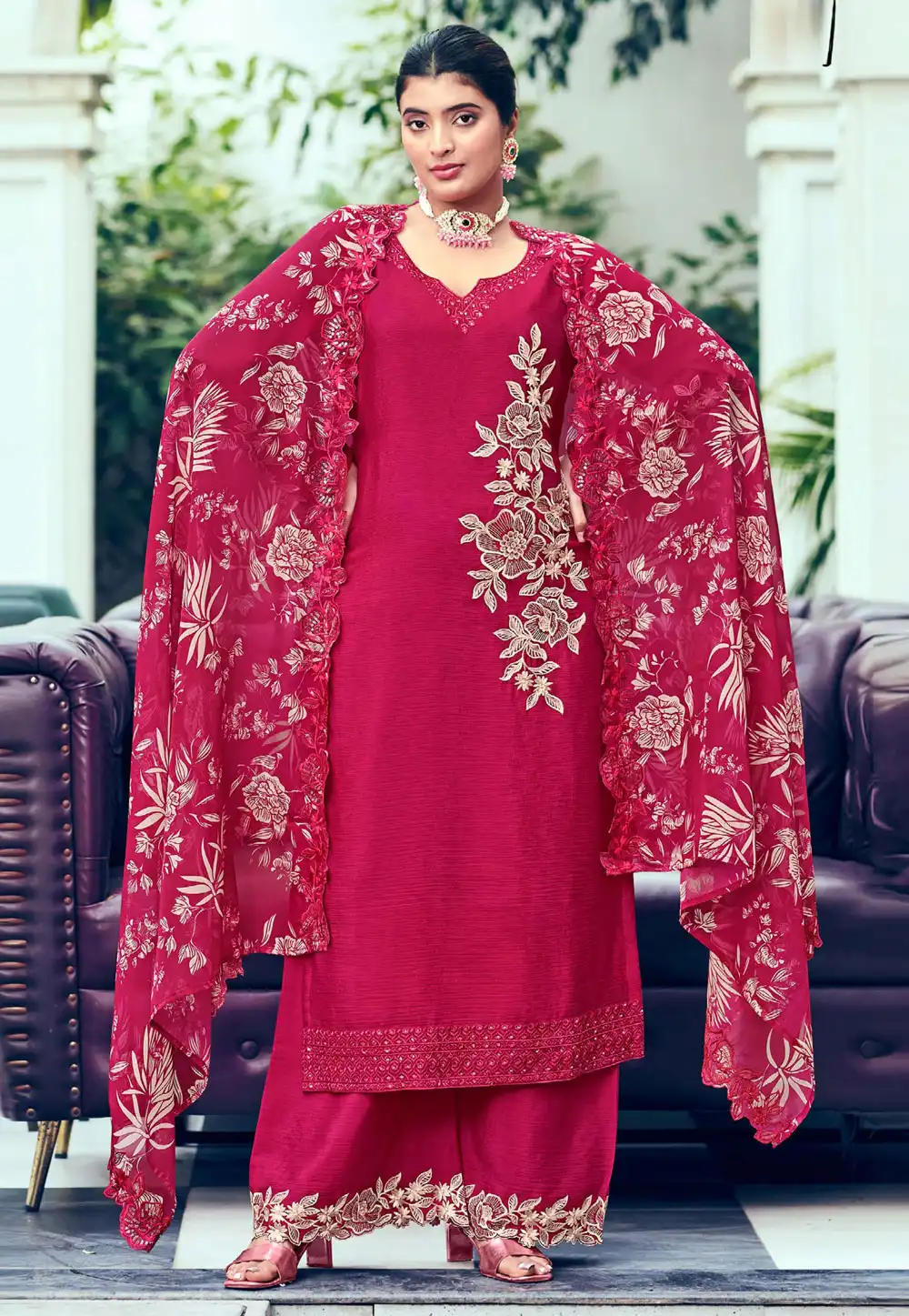 Magenta Chinon Pakistani Suit 289174