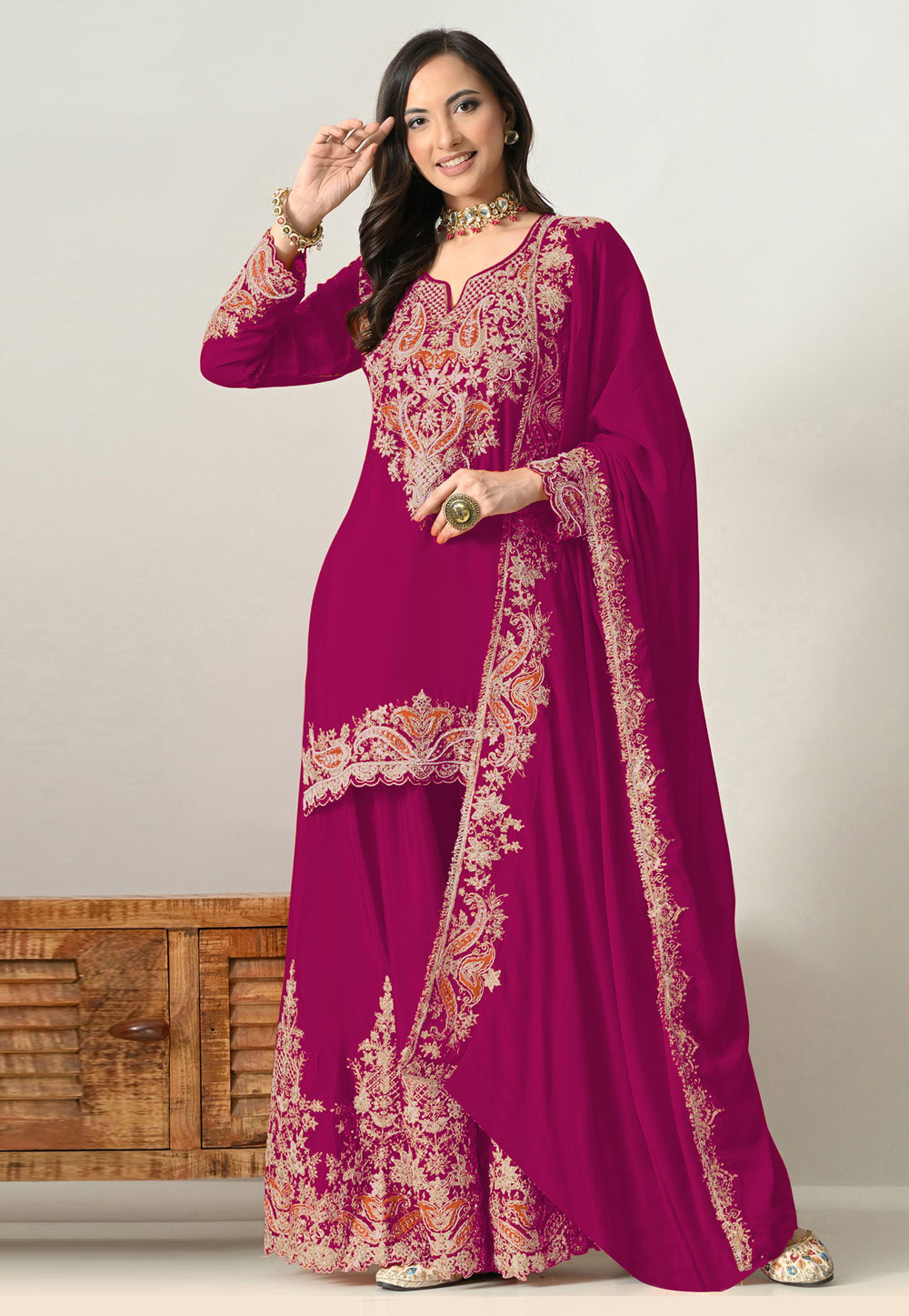 Magenta Chinon Pakistani Suit 329142