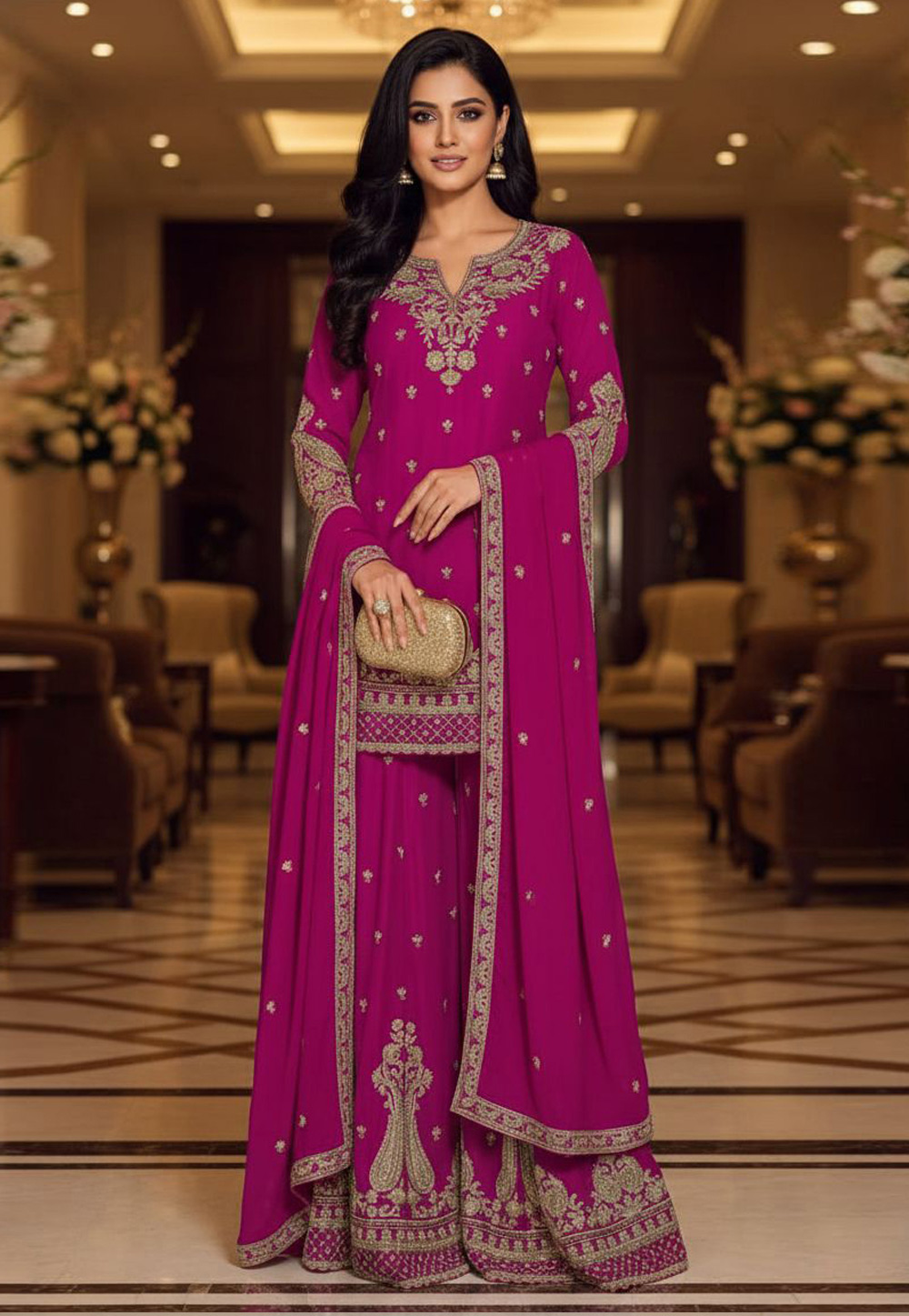 Magenta Chinon Pakistani Suit 330414
