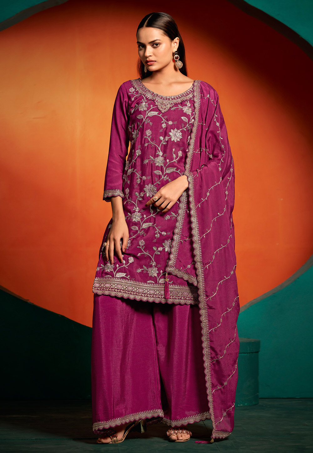 Magenta Chinon Palazzo Suit 311398