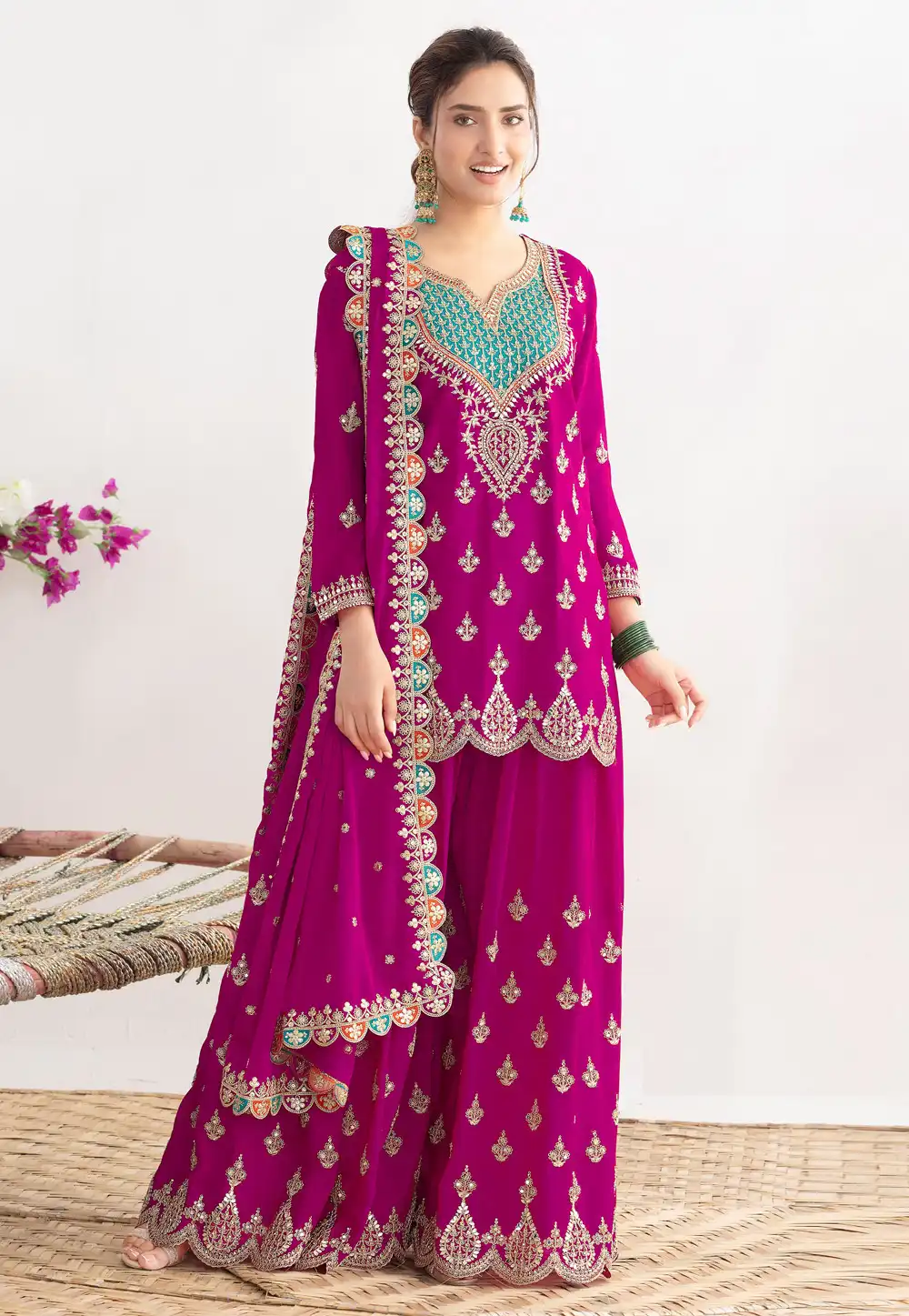 Magenta Chinon Palazzo Suit 320525