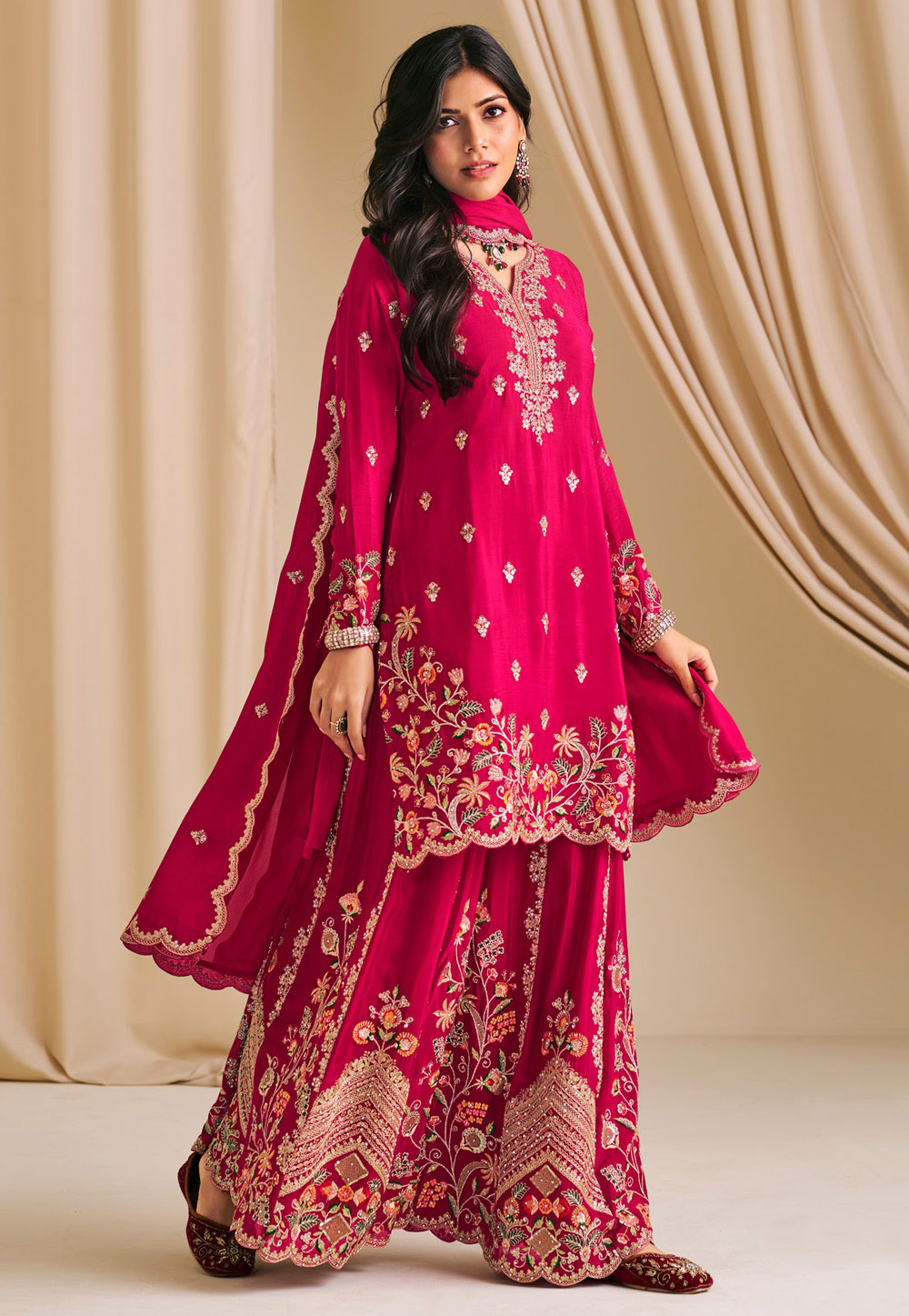 Magenta Chinon Palazzo Suit 318278