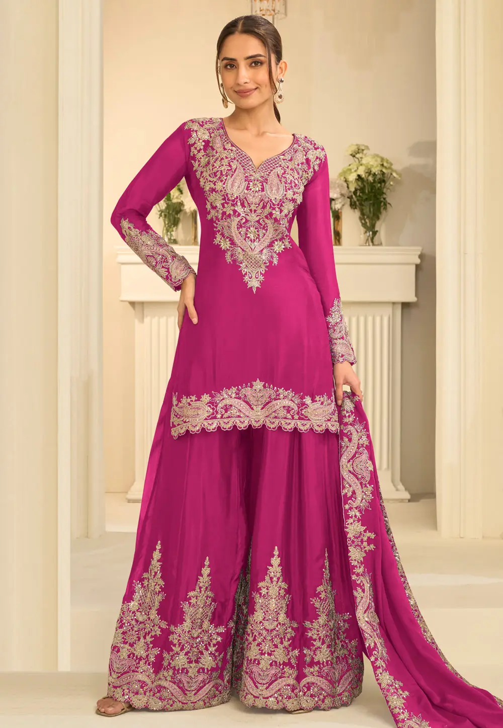 Magenta Chinon Palazzo Suit 335489