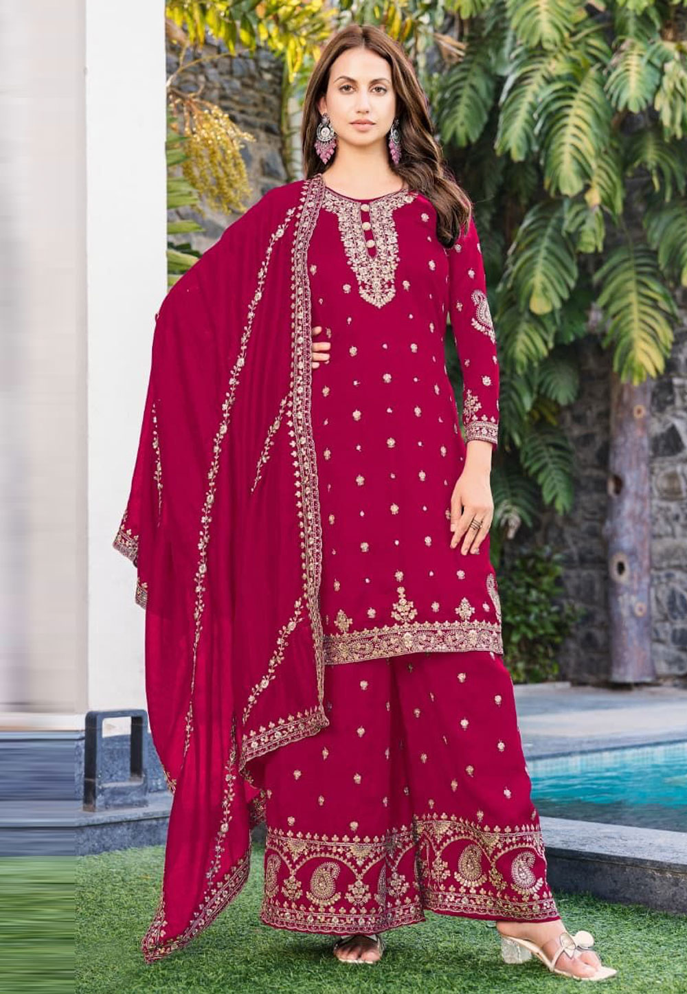 Magenta Chinon Palazzo Suit 327522